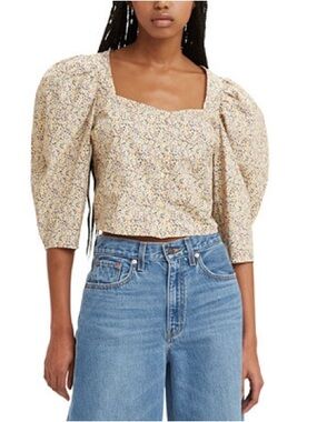 Levi's Floral Square-Neck Puff 3/4 Sleeve Crop Top with Button Front Size XL